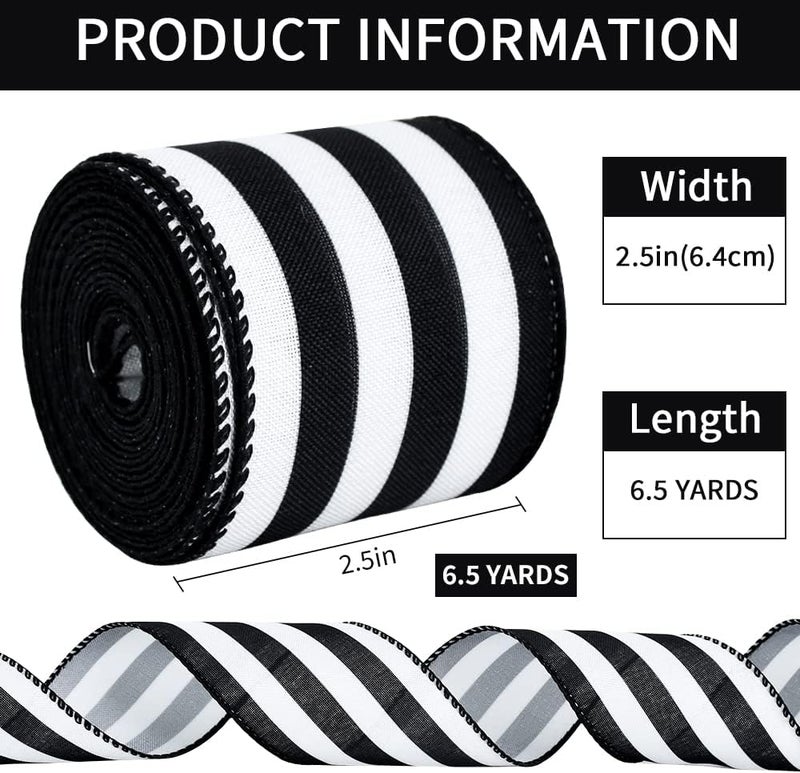 TONIFUL 2.5 Inch Black and White Wired Edge Ribbon, Striped Burlap Ribbon, Blakc White Wired Ribbon for Gift Wrapping, Wreath Bows Making, Crafts Home Party Christmas Tree Decoration（Striped，6yds） - Image 2